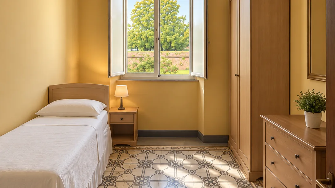 Single bedroom with yellow walls, wooden wardrobe, chest of drawers, patterned floor and open window overlooking greenery - Hotel Rex, BZAR hotels in Lucca