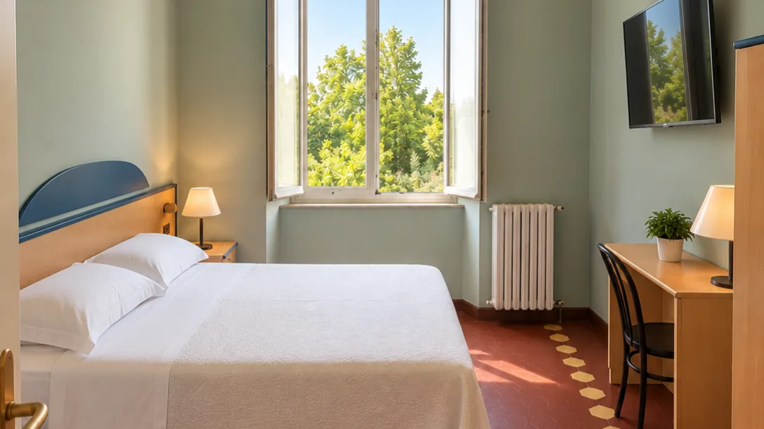 Bedroom with double bed, open window overlooking trees, wall-mounted TV, wooden desk and lit lamps - Hotel Rex, BZAR hotels in Lucca