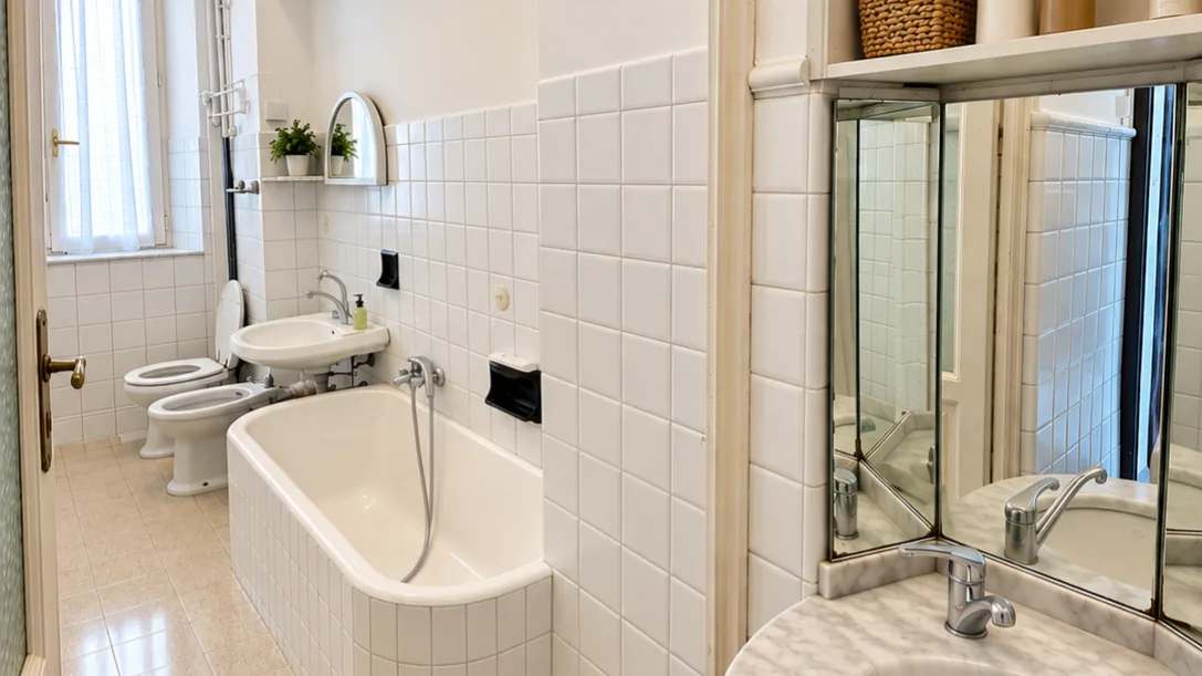 Bathroom with bathtub, two washbasins, mirrors, bidet, toilet, white wall tiles and tall window - Hotel Rex, BZAR hotels in Lucca