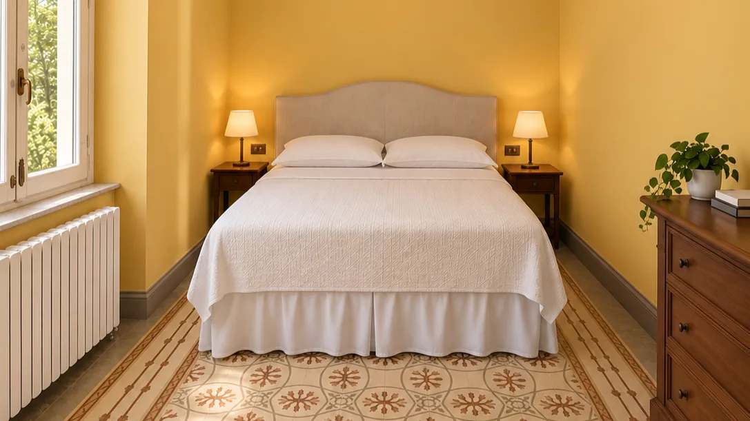 Bedroom with double bed, upholstered headboard, bedside lamps, yellow walls and patterned floor tiles - Hotel Rex, BZAR hotels in Lucca