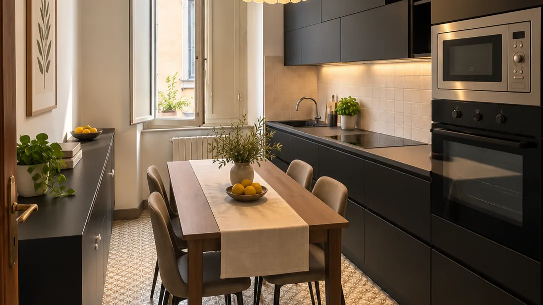 Kitchen with dark cabinets, oven, microwave, cooktop and wooden dining table with four chairs - Hotel Rex, BZAR hotels in Lucca