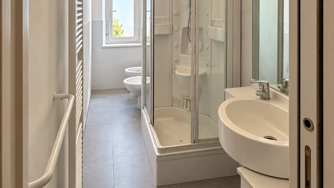 Bathroom with glass shower enclosure, white countertop basin, large mirror, towel radiator, bidet and toilet - Hotel Rex, BZAR hotels in Lucca