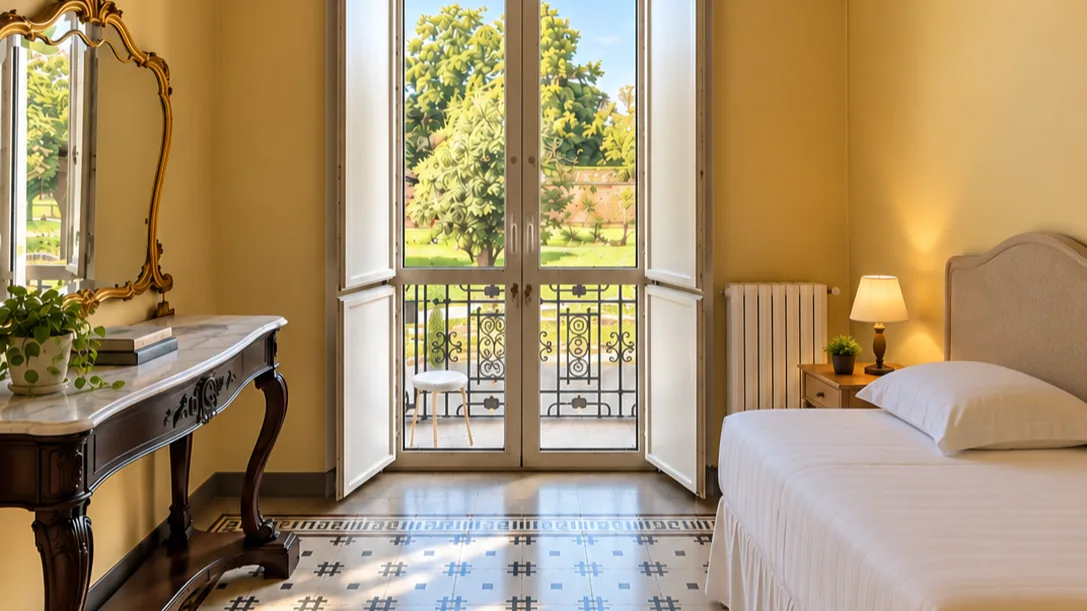 Bedroom with balcony overlooking greenery, upholstered bed, marble-top console, ornate gold mirror and yellow walls - Hotel Rex, BZAR hotels in Lucca