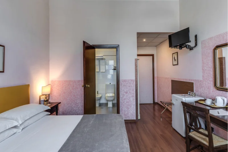 Double room with work area, mirror, minibar, black armchair and access to private bathroom - Hotel Rex, BZAR hotels in Lucca