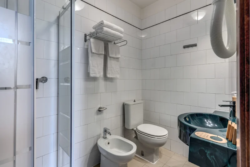 Suite bathroom with glass shower, dark green sink, bidet, toilet and white towels - Hotel Rex, BZAR hotels in Lucca