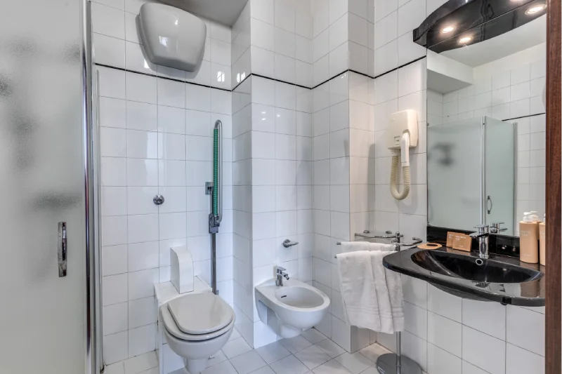 Private bathroom with black sink, large mirror, glass shower, bidet, hairdryer and courtesy set - Hotel Rex, BZAR hotels in Lucca