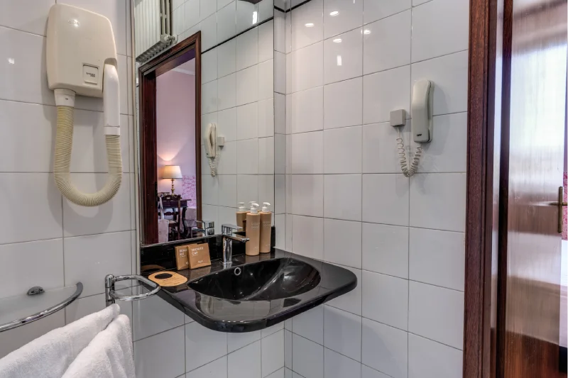 Bathroom detail with black sink, mirror, hairdryer, courtesy dispensers and wooden door - Hotel Rex, BZAR hotels in Lucca